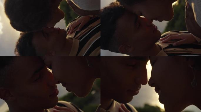 日落时的浪漫约会。两个非洲族裔青少年温柔地互相拥抱。年轻的爱。相机旋转效果