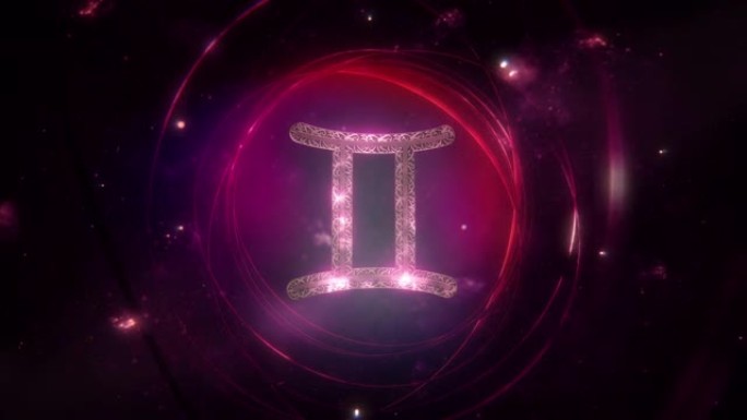 双子座十二生肖与金色星座装饰和戒指在紫色星系循环背景