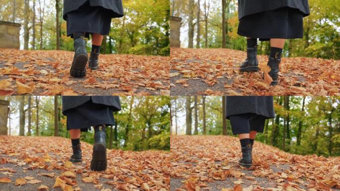 秋天在五颜六色的叶子上行走的女性的腿部照片