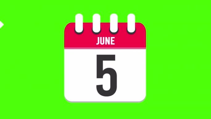6月5日。日历出现，页面下降到6月5日。绿色背景，色度键 (4k循环)