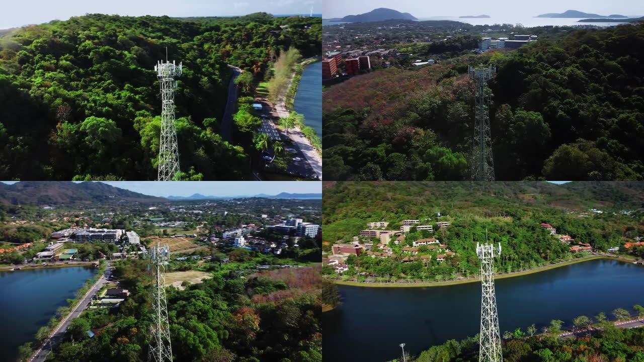 夏季，在泰国的延时日，在泰国的电压杆周围拍摄的无人机景观