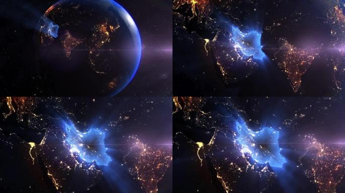 来自太空之夜的地球现实蓝色闪亮国家伊朗