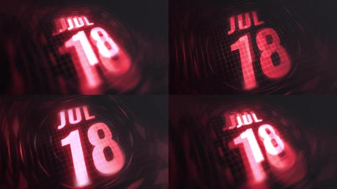 3d运动图形中的7月18日。未来的红外日历和科技发光霓虹灯拍摄，发光二极管纪念等。4k in循环
