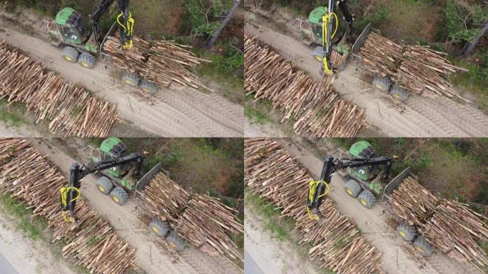 空中射击，用于工业生产的森林砍伐，大型烟囱上的机械夹持器装载木材。森林砍伐、伐木的生态问题。