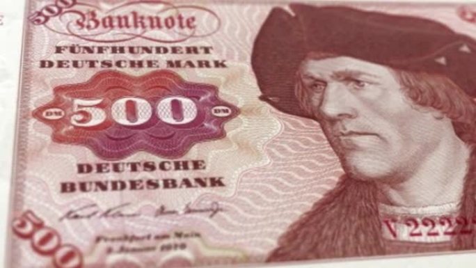 德国德国马克500纸币，五百德国马克，德国马克的特写和宏观视图，跟踪和多利镜头500德国马克纸币观察
