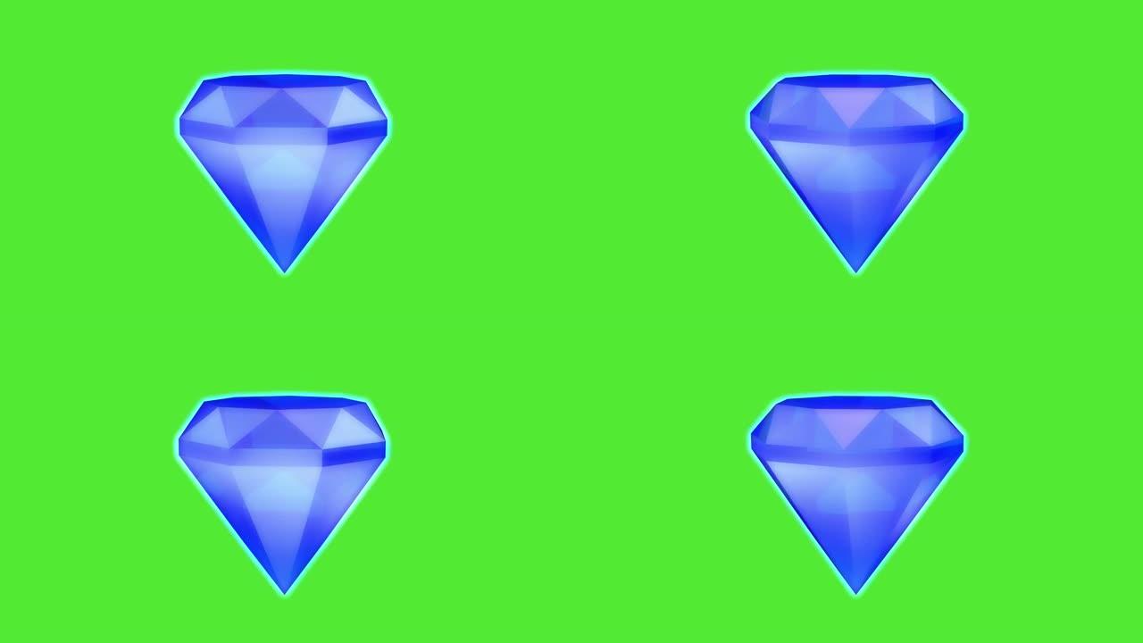 蓝色红宝石钻石在绿色屏幕上旋转。宝石，奖励。3D动画