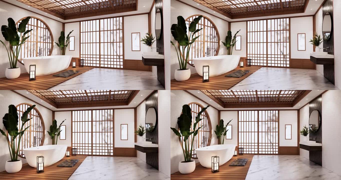 空房间里的浴室日本风格。3d渲染