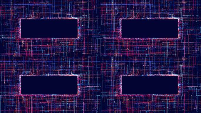 辉光粒子与复制空间形成蓝色红线。信息概念线和节点，人工智能建设光电网。线条形成全息图信息块。Vj循环