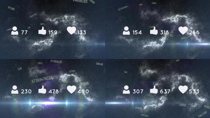 社交媒体图标和数字在背景云上移动的动画