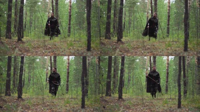 骑士带着弓箭穿过森林