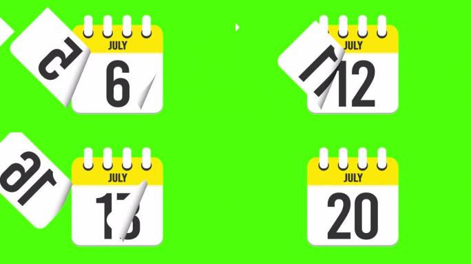 7月20日。日历出现，页面下降到7月20日。绿色背景，色度键 (4k循环)