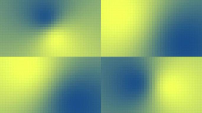磁性蓝色和香蕉捣碎像素化渐变运动背景循环。移动黄色彩色模糊动画。柔和的颜色单元格正方形过渡。