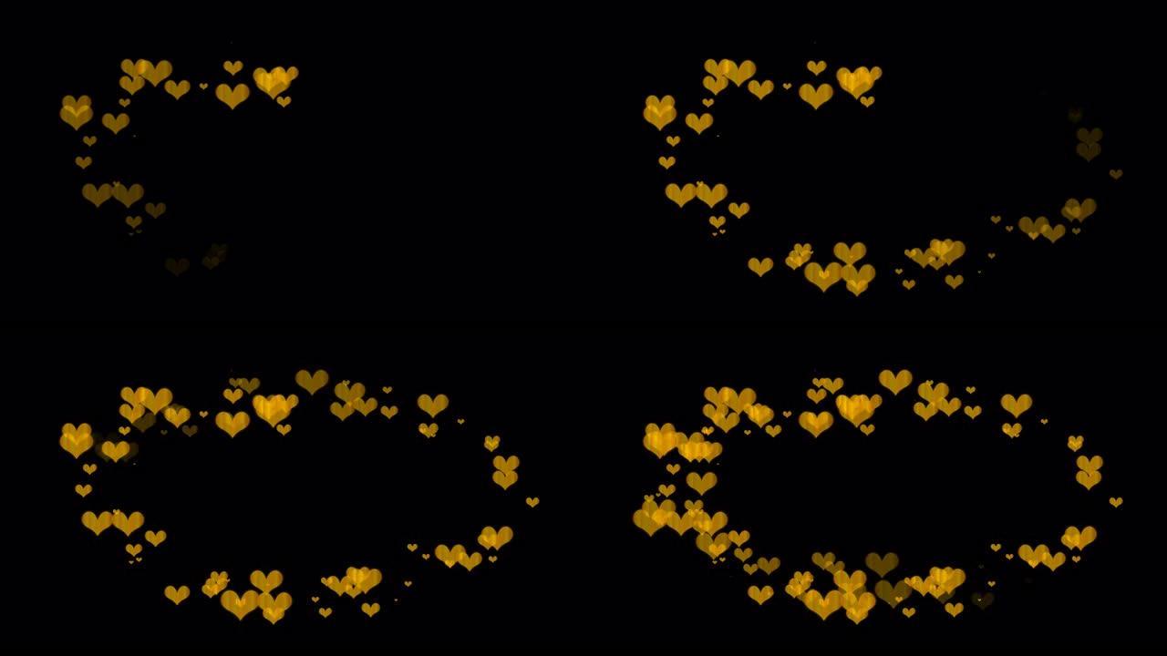 动画素材，其中许多金色的心出现在带有alpha通道的圆圈 (透明背景) 上