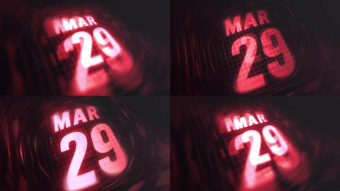 3月29日在3d运动图形中。未来的红外日历和科技发光霓虹灯拍摄，发光二极管纪念等。4k in循环