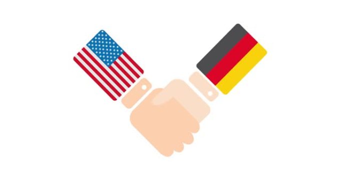 美国(美国)和德国握手，概念政客会议或合作相关的2D卡通动画，孤立在白色背景上