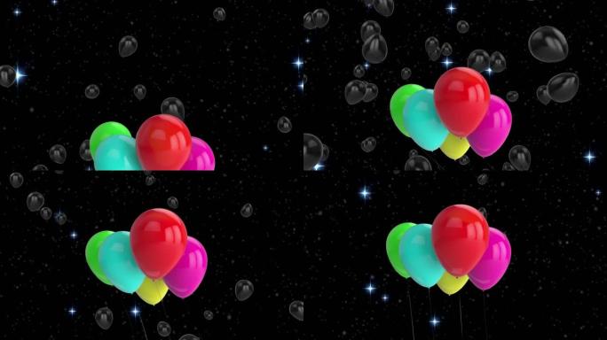 黑色背景上飞行彩色气球和灯光的动画