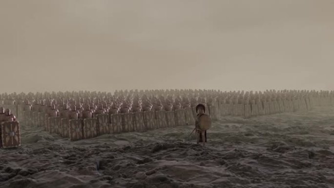 一个罗马百夫长站在他的武装罗马军团面前，准备战争