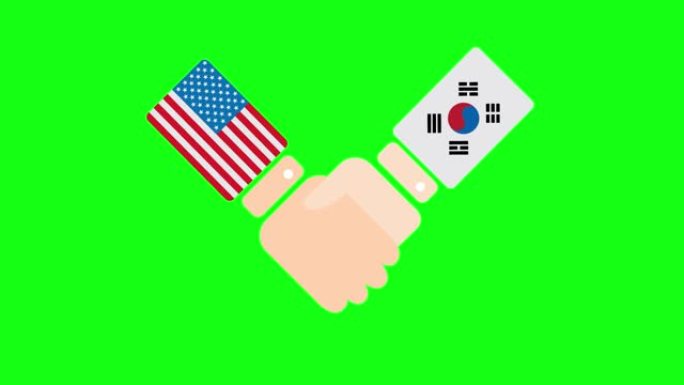 美国(美国)和韩国握手，政治人物会面或合作概念相关的2D卡通动画，孤立在绿色屏幕背景上