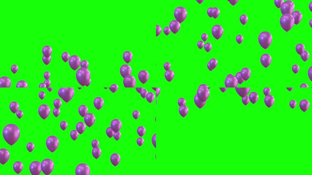 粉红色氦气球从底部到顶部飞行隔离在绿色屏幕背景，4k视频元素