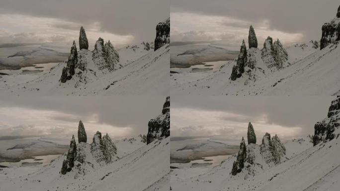 冬天被雪覆盖的Storr的空中无人机视图