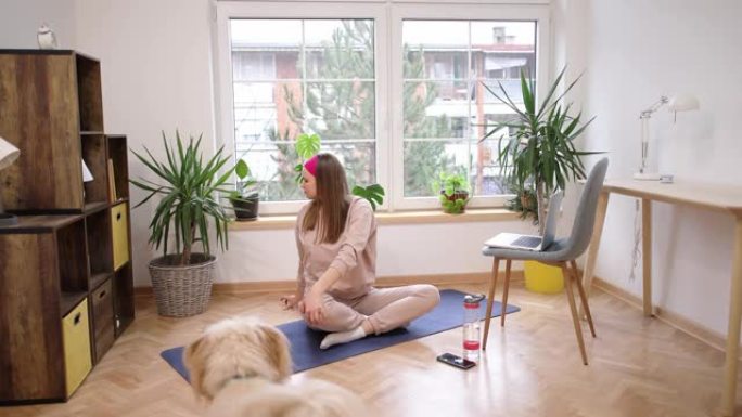 女人，在家练习瑜伽，同时在笔记本电脑上遵循在线瑜伽教程，而狗让她成为公司
