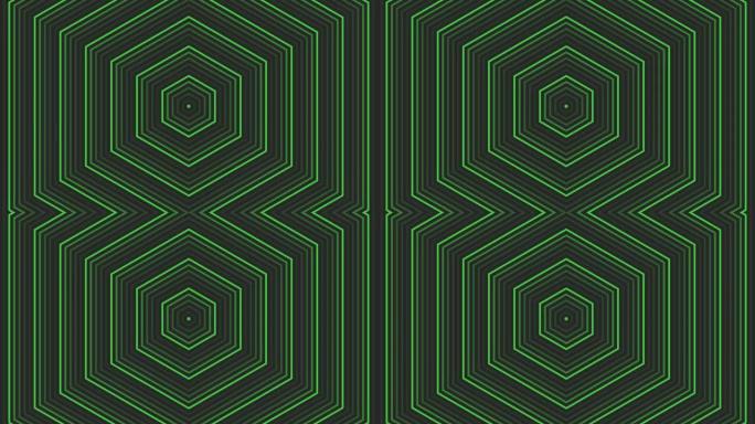 深灰色黑色背景循环上的绿色六角星简单扁平几何。星光灿烂的六边形无线电波无尽的创意动画。星星无缝运动图