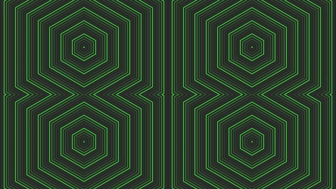 深灰色黑色背景循环上的绿色六角星简单扁平几何。星光灿烂的六边形无线电波无尽的创意动画。星星无缝运动图