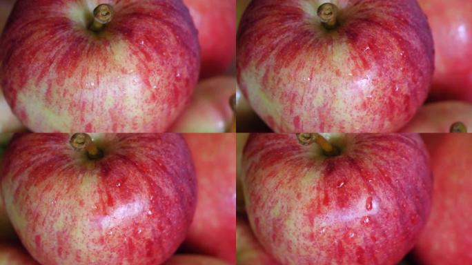 条纹晚会品种苹果，特写视频。水溅到苹果上。