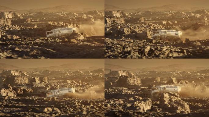 火星行星的太空殖民。带有阿拉伯联合酋长国国旗的火星探测器探索行星表面