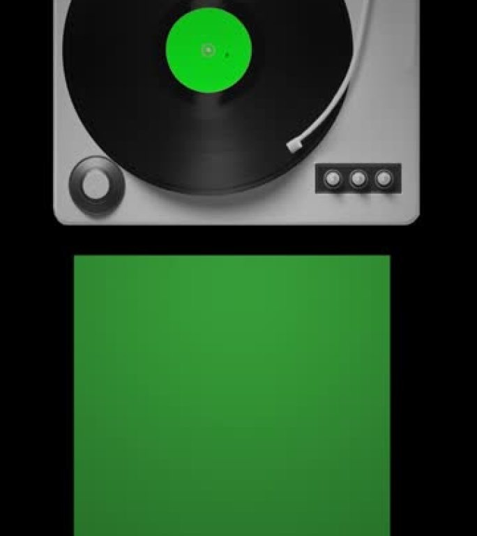 黑胶唱片光盘从专辑封面移到唱机上的平滑最小动画。垂直分辨率。透明背景