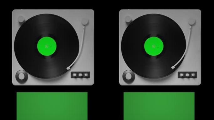 黑胶唱片光盘从专辑封面移到唱机上的平滑最小动画。垂直分辨率。透明背景