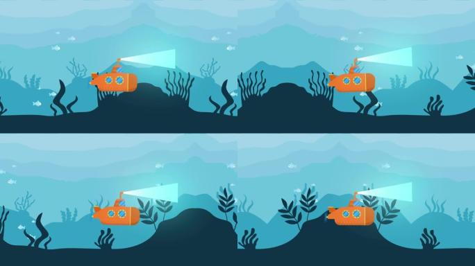 水下海洋景观与潜艇2d动画在4K超高清3840x2160