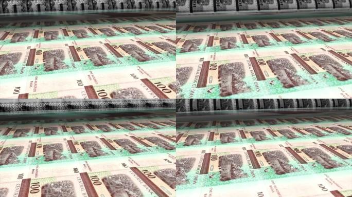 阿曼，阿曼Baisa印刷机打印出当前100 Baisa钞票，无缝循环，阿曼货币背景，4K，聚焦深度S