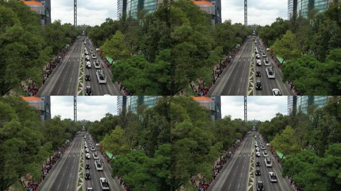 在墨西哥城改革大道上的阅兵式上，无人机拍摄了国民警卫队的各种元素