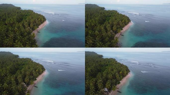 无人机空中海岸线拍摄美丽清澈的珊瑚礁和棕榈树珊瑚礁通道入口旅游明打威群印度洋苏门答腊印度尼西亚亚洲4