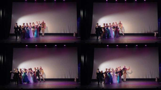 宽阔的剧院舞台，一排演员和女演员同时移动，男人站在左边唱歌。才华横溢的白人男女在戏剧表演中表演。
