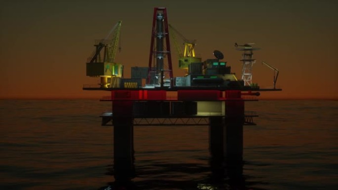 夜间石油钻井平台的3d动画