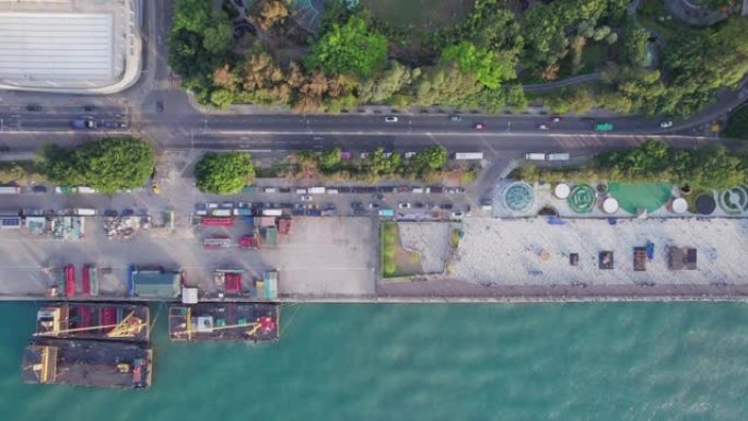 香港上环摩天大楼和海港景色的史诗鸟瞰图。密集而拥挤的城市景观