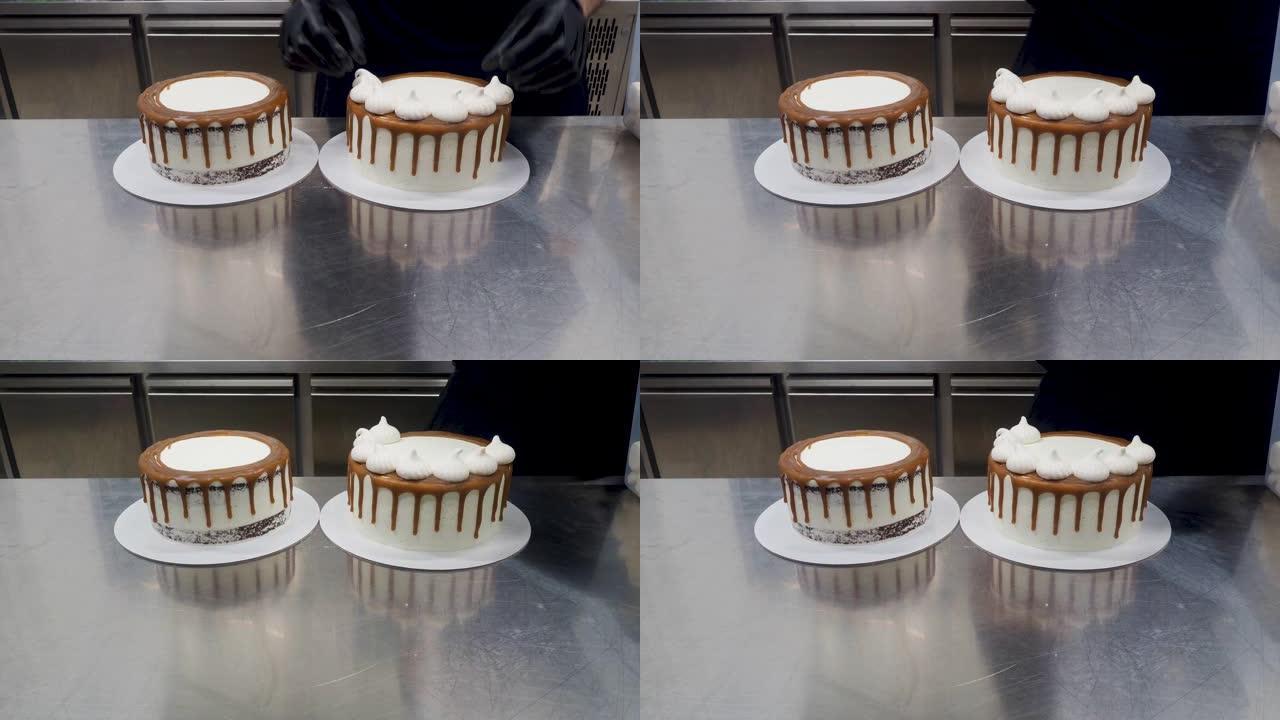 厨师糕点面包师在4k顶级视频中准备咸焦糖磨砂滴落蛋糕