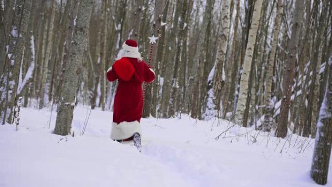 圣诞老人与魔法杖和袋圣诞礼物在雪林。后视图。