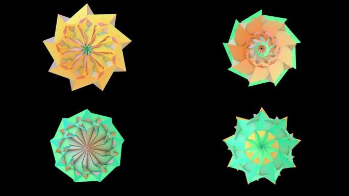 美丽的万花筒。迷幻概念，冥想和瑜伽。抽象几何花。抽象3D循环动画。