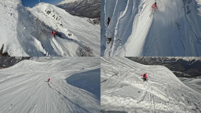 运动员滑雪者极限运动自由滑行下坡降落雪檐口山