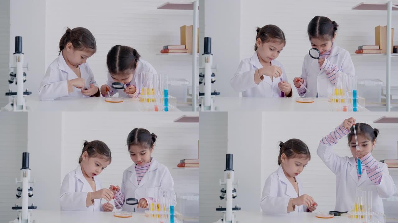 4K，两个女学生，在科学教室，她们俩在一起做化学实验，烧杯里挤水，加干冰，拿放大镜看看里面发生了什么