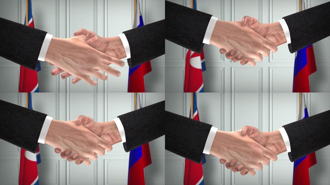 朝鲜和俄罗斯的协议握手，政治例证。正式会议或合作，商务见面。商人和政客握手