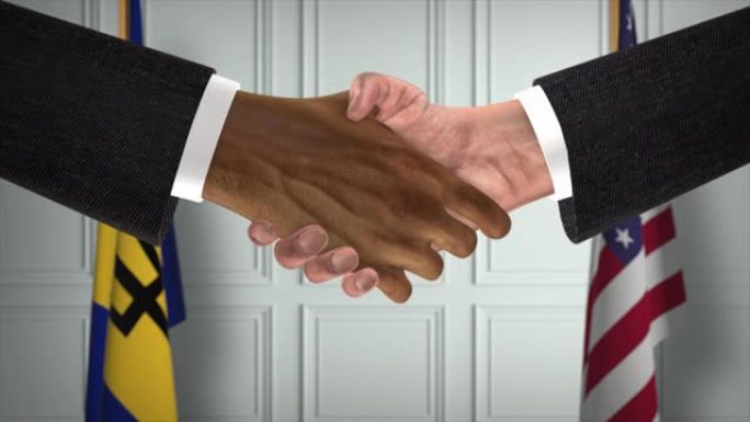 巴巴多斯与美国合作商业协议。国家政府旗帜。官方外交握手说明动画。协议商人握手