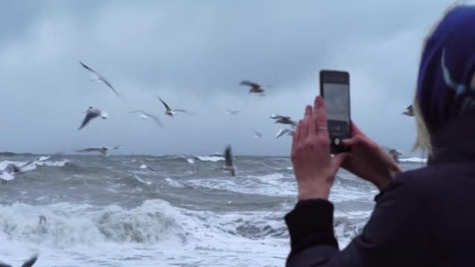 一名妇女在智能手机上拍摄了海上风暴和许多鸟类的照片。