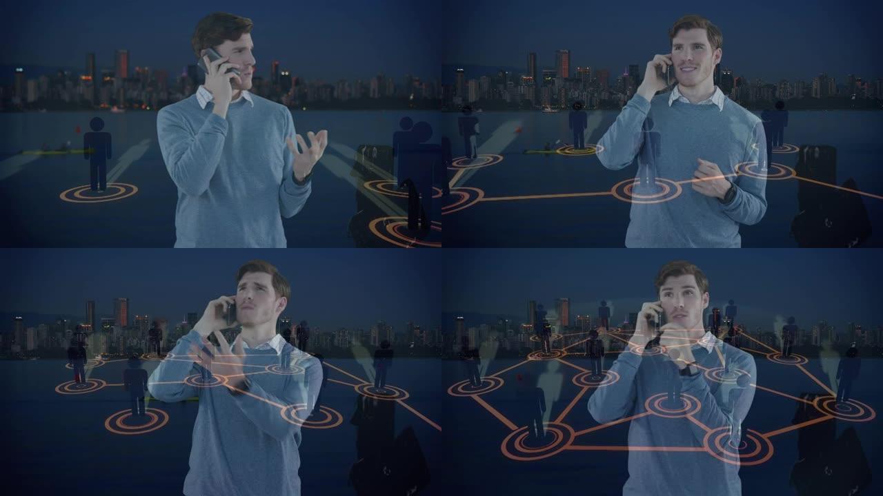 高加索商人在智能手机和城市景观上的连接网络上聊天的动画