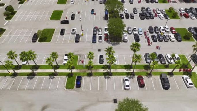 大型停车场的鸟瞰图，有许多停放的彩色汽车。超级中心购物中心停车场，有车辆位置和方向的线条和标记