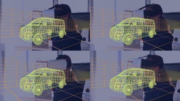 使用vr耳机的女性汽车数字3d绘图动画