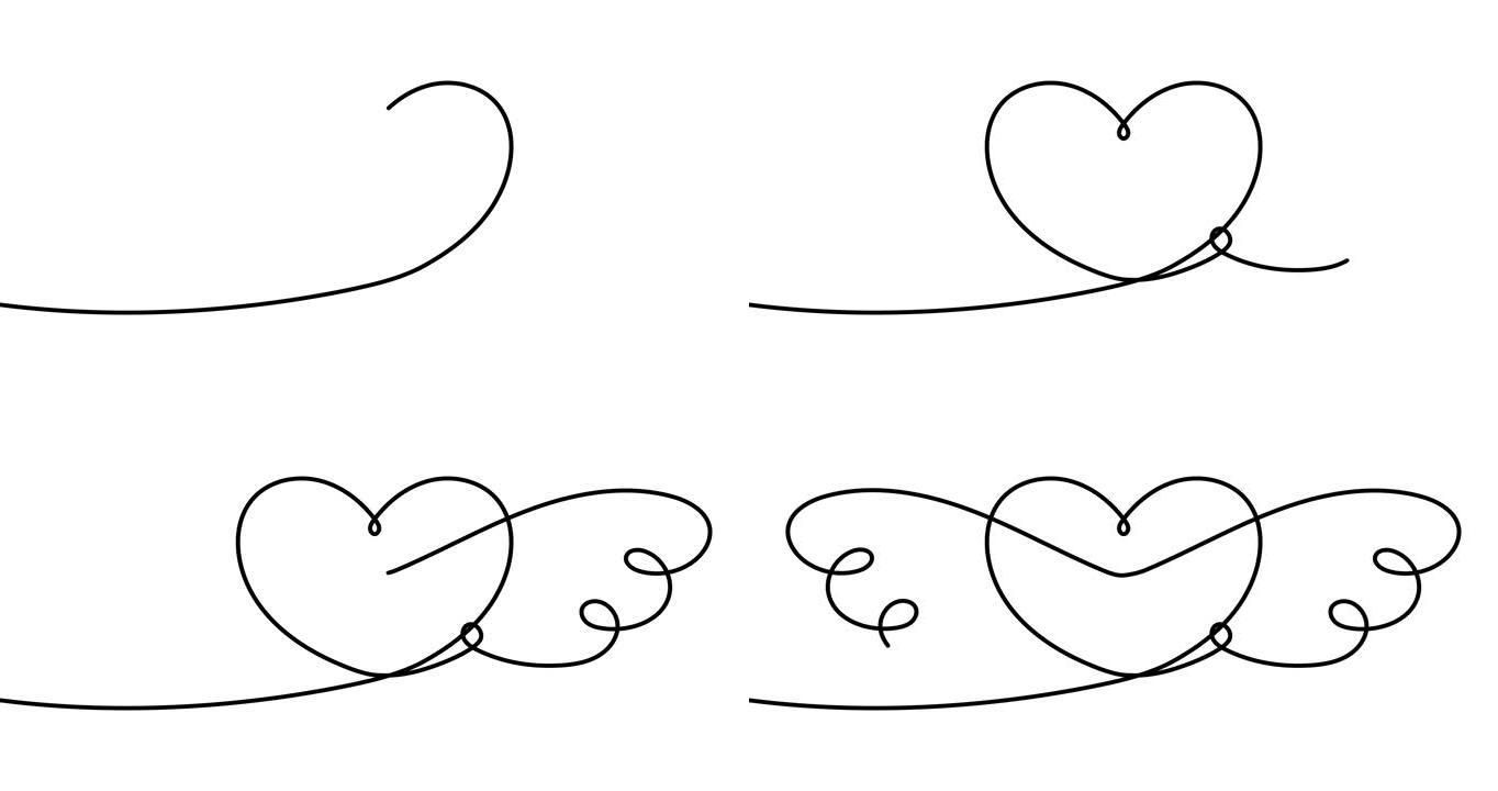 动画插图。连续一行抽象爱情符号心有翅膀。手绘简约风格。4k视频